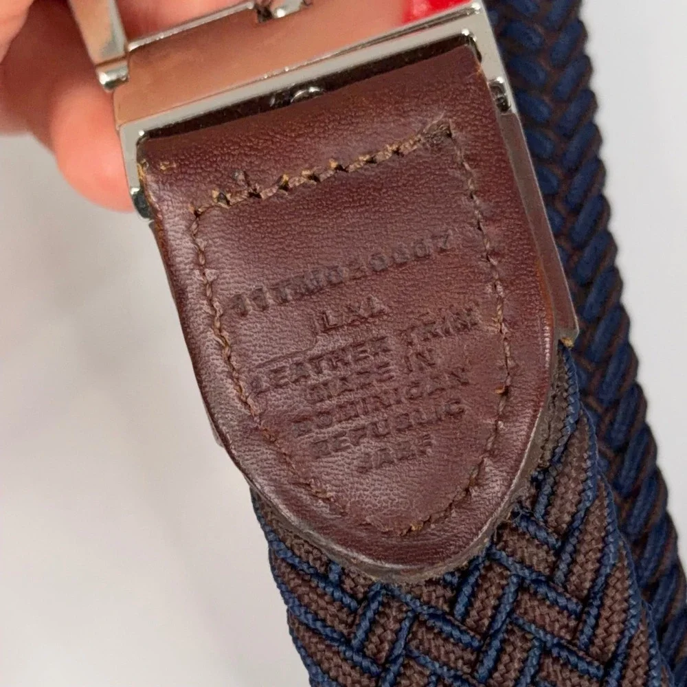 Tommy Bahama Belt Mens L/XL Blue Brown Braided Woven Leather Trim Casual Coastal